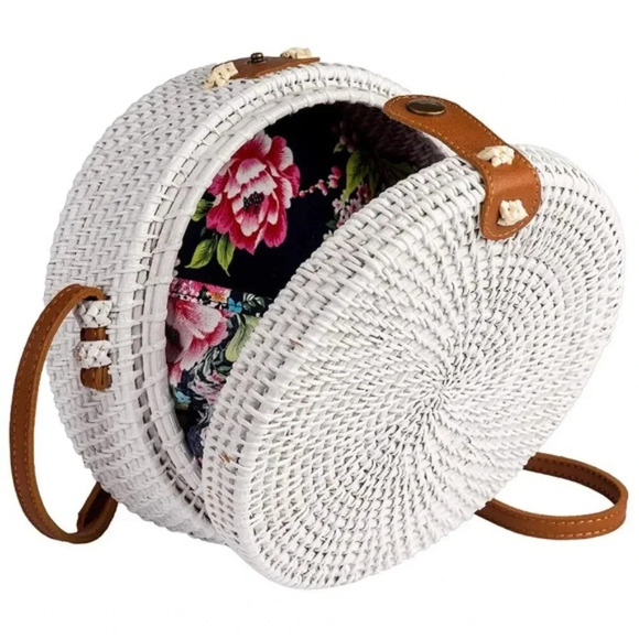 Round Wicker Rattan Hand Woven Crossbody Shoulder Purse Beach Bags leather strap - Picture 2 of 5